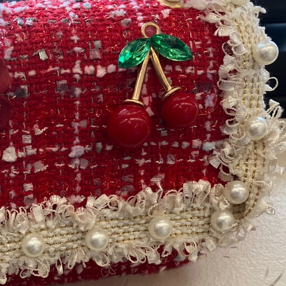 New Cherry Red Faux Pearls Fashion Tweed Mini Kelly Bag + crossbody strap gift - Picture 5 of 5